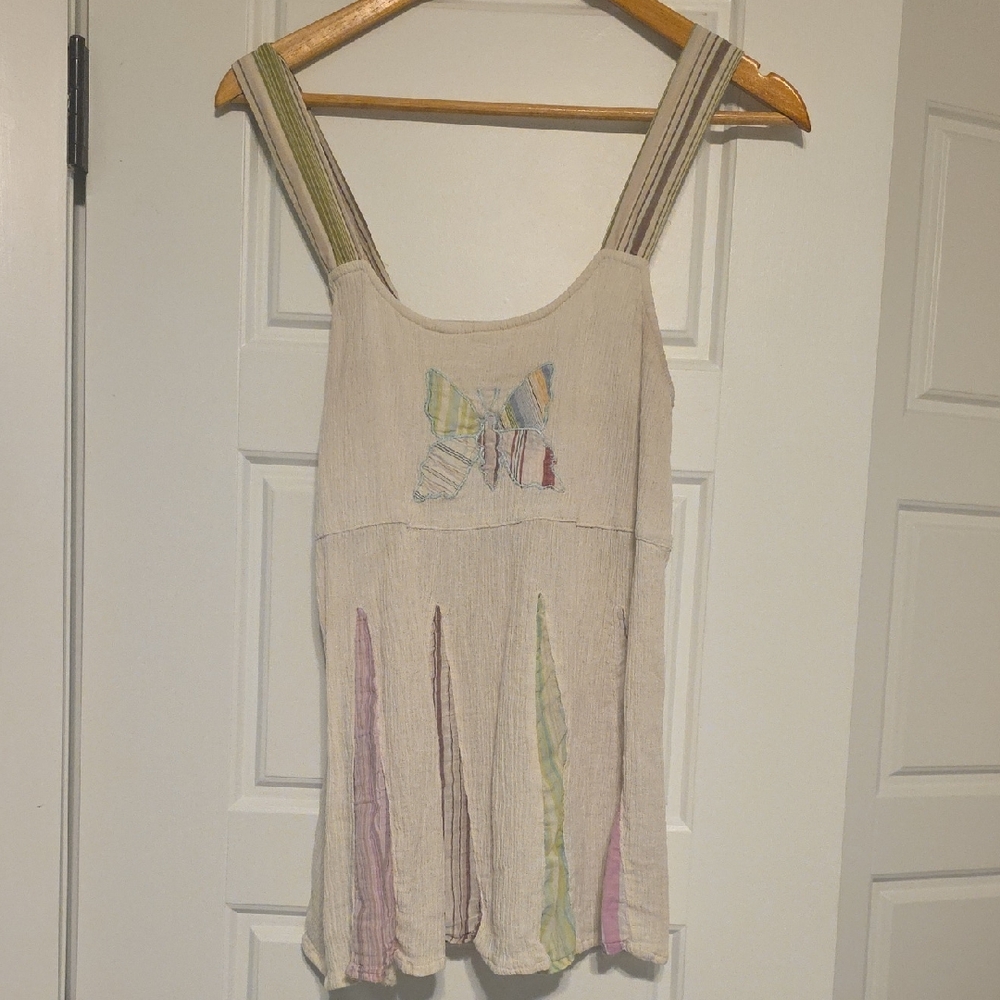 Blue Sky Cream Textured Tank Top with Pastel Embroidery